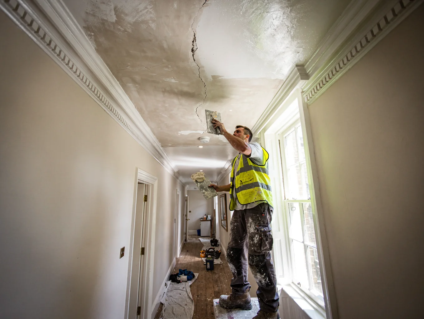 Hallway ceiling plaster repair in London by Jordan Building Contractors